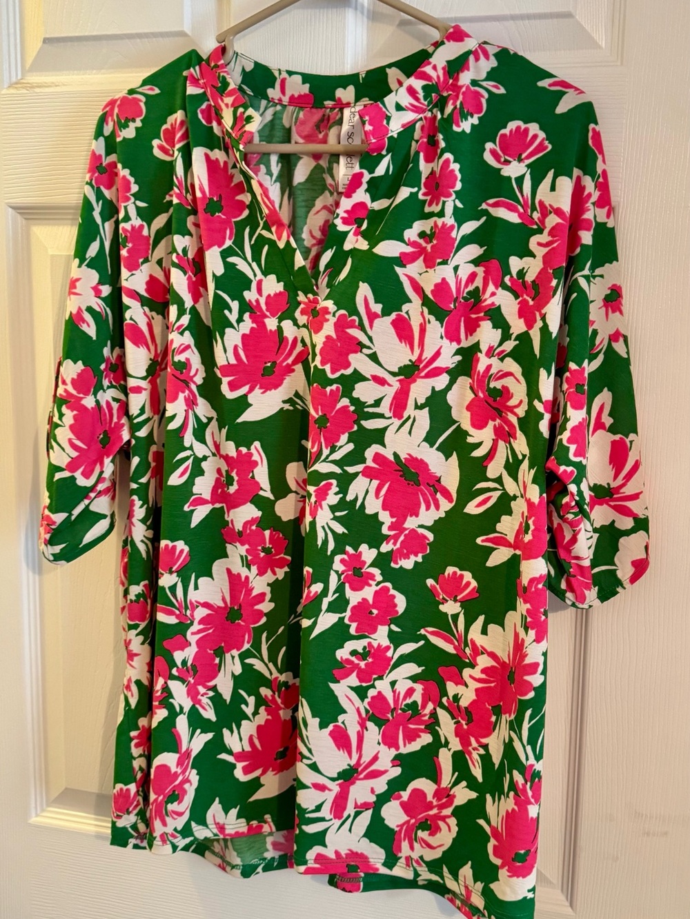 Dear Scarlett Green Floral Top with Pink & White Blossoms